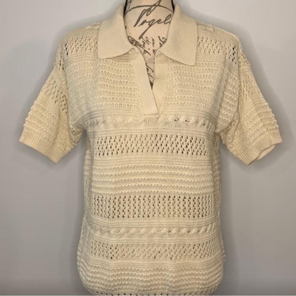 Joie short sleeve open knit crochet collared sweater ivory/cream M